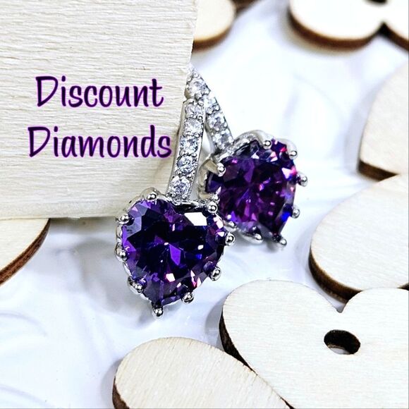 Purple Amethyst Dangle Earrings & White Baguette Diamonds on 925 Silver - Picture 4 of 9